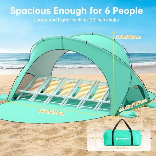 Raynesys Beach Tent Sun Shelter, Beach Shade Tent with UPF50+ UV Protection, Sun Shelter for 1-6 Person, Beaches Shade with 2 Zippered Doors, Portable Tents for Camping Fishing, Green - color: Green, size: For 6 Person