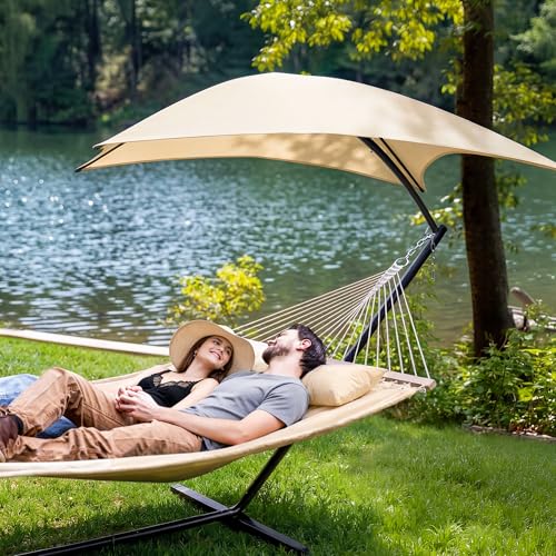 SUNCREAT Portable Outdoor Hammock with Stand, Sun-Protective Canopy, Double Hammock with Stand for Outside, Patent Pending, Beige - color: Beige