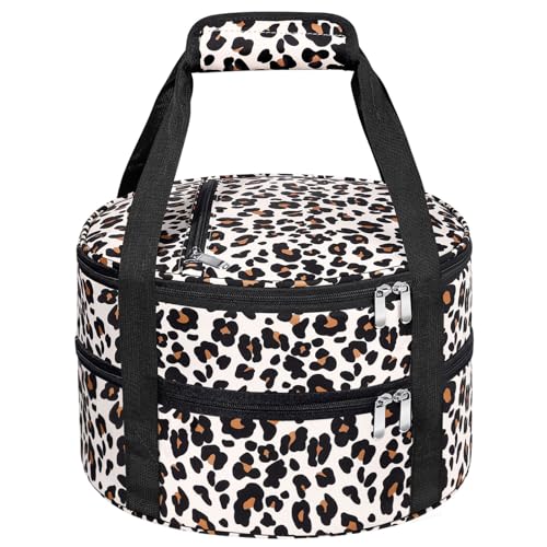 Round Double Insulated Casserole Carrier – 12" Portable Pie Carrier Bag for Hot or Cold Food, Leakproof Thermal Lunch Tote with Handle for Parties Picnic & Travel - Leopard - color: Leopard, size: Double