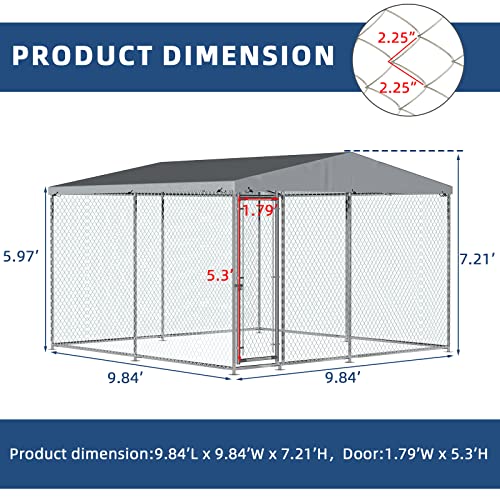 Outdoor Large Dog Kennel, Heavy Duty Dog Cage Pet House Galvanized Steel Fence Dog Playpen Puppy Exercise Pen Dog Run Cage w/UV & Waterproof Cover and Secure Lock (9.84'Lx9.84'Wx7.21'H) - size: 9.84'Lx9.84'Wx7.21'H