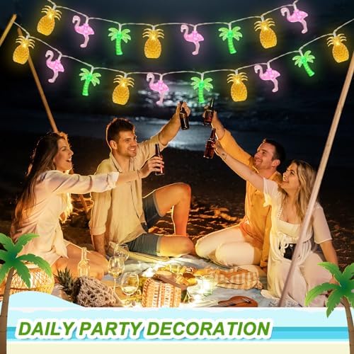 Olixmlya 30 LED [ 8 Modes & Timer ] 16Ft Summer Tropical Beach Hawaiian String Lights Tropical Flamingo Pineapple Palm Tree Fairy Lights Battery Operated for Party Beach Pool Summer Decor