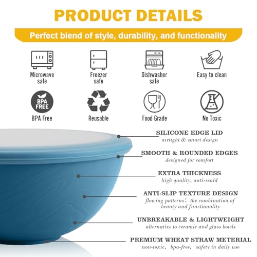Wheat Straw Bowls Set with Lids, Unbreakable 40 OZ Cereal Bowls Set of 4, Salad Container for Lunch, Microwave & Dishwasher Safe Bowl Set for Kitchen, Picnic, RV, Camping, Multi - color: Multicolor, size: 40 Oz With Lid