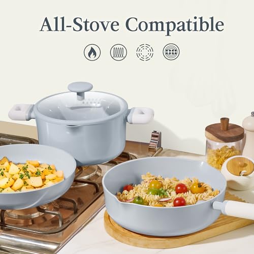 CAROTE Pots and Pans Set Nonstick, Ceramic Cookware Set, Blue Cooking Set Kitchen Induction Set with Steamer, PFAS PTFE Free,9 Piece - color: Blue, size: Stockpot