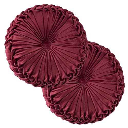 Teieas 2 Pcs Round Throw Pillows Decorative Pumpkin Velvet Boho Pleated Bed Pillows Back Support for Couch Chair Dorm Car 14.96'' (Burgundy) - color: Burgundy