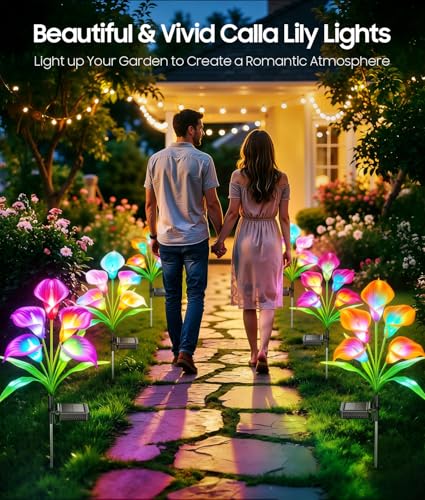 KOOPER Solar Lights Outdoor Decorative, 4 Pack Color Changing Solar Garden Lights With 20 Calla Lily Flower Lights, Solar Flowers Outdoor Waterproof IP65 For Yard Lawn Garden Decor, Gift For Women Mom