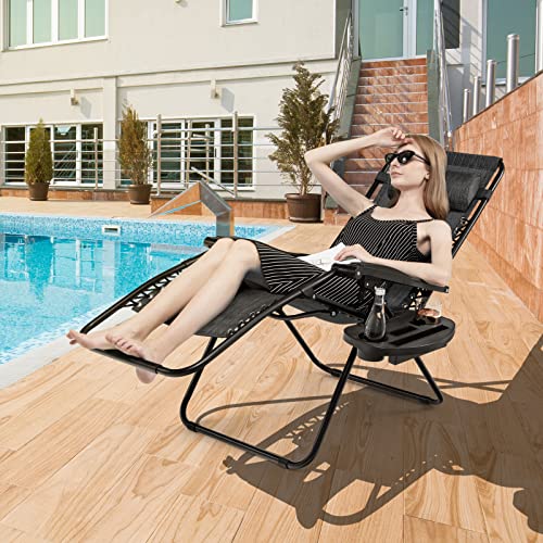 Giantex Zero Gravity Reclining Chair, Outdoor Patio Recliner with Cup Holder & Removable Pillow, Adjustable Backrest, Indoor Lounge Chair for Backyard, Garden, Poolside (Gray) - color: Grey, size: 1 Count (Pack of 1)
