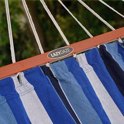 Lazy Daze Hammocks Cotton Fabric Spreader Bar Hammock and 10.5 Ft Wood Arc Hammock Stand Combo, for Indoor, Outdoor,Patio, Backyard, Blue and Cyan - color: Blue and Cyan