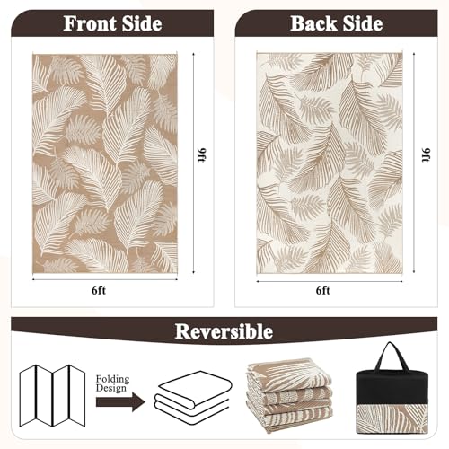 Pauwer Waterproof Outdoor Rug 6x9, Reversible Plastic Straw Patio Camping Rug, Indoor Outdoor RV Mat Carpet for Deck, Camper, Porch, Balcony, Backyard, Picnic, Leaf Brown - color: Leaf Brown, size: 6' x 9' (Rectangular)