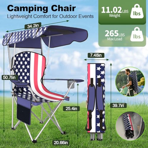 VTOY Portable Camping Chair with Canopy - Folding Chair with Canopy, Durable 600D Oxford Canopy Chair for Camping, Beach, Picnics, Fishing & Sports - color: 1pack Flag Design