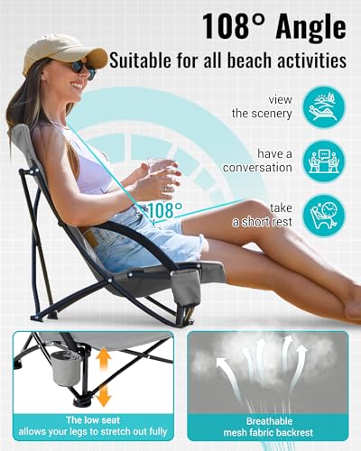 KingCamp Low Beach Chair, High Back Folding Camping Chair for Adults, Oversized Breathable Mesh Seat, 300lbs Heavy Duty Portable Chair with Cup Holder & Storage Pockets for Beach, Outdoor - color: Ergosolid C Grey