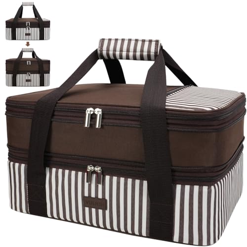 Expandable Casserole Carrier Bag - Double Decker Food Bag, Insulated Casserole Carrier for Hot or Cold Food, Lasagna Holder Tote for Picnics,Beaches,Traveling or Gifts - color: Brown