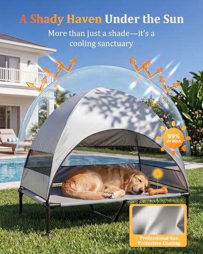 Elevated Outdoor Dog Bed with Canopy, Raised Dog Cot with Stable Adjustable Feet, Dog Camping Bed with Larger Shade, Lifted Dog Tent Bed with Canopy for Outside - color: Grey, size: X-Large