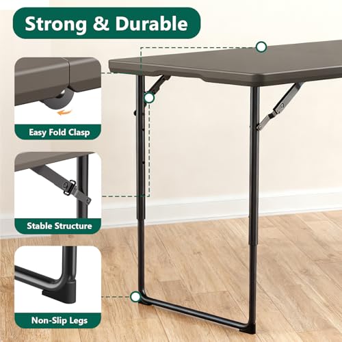 Folding Table 4ft - Heavy Duty Fold-in-Half Plastic Table with Adjustable Height, Portable Utility Tables with Steel Legs for Indoor, Outdoor, Picnic, Camping, Dining, Party (Khaki) - color: Khaki, size: 4ft