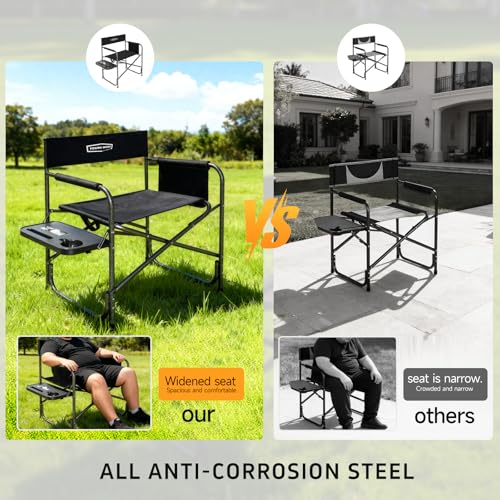 YOUNG WOOD Camping Directors Chair, Lightweight Oversized Portable Folding Chair with Side Table and Storage Pockets for Outdoor Camping, Lawn, Picnic and Fishing, Supports 400lbs (Black) - size: IP