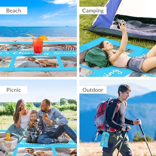 Personalized Beach Blanket Waterproof Sandproof, Custom Picnic Blanket Gift with Text, Photos, Sand Free Beach Mat with Portable Bag, 4 Corner Pockets for Beach Festival,Family Group Travel - color: Color3