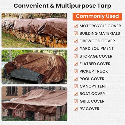 Heavy Duty Waterproof Tarp, Brown/Silver Multipurpose Poly Cover with Grommets, 50x50 Feet, 10 Mil Thickness, All-Season Outdoor Protection