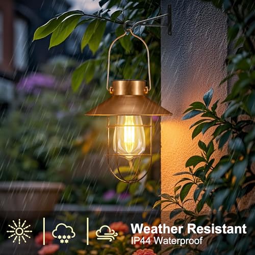 pearlstar 2 Pack Solar Lights Outdoor, Hanging Solar Lanterns with Edison Bulb and 2 x 32 Inch Shepherd Hooks, Waterproof Landscape Lighting for Garden Patio Yard Pathway Driveway Lawn (Copper) - style: Copper Lanterns