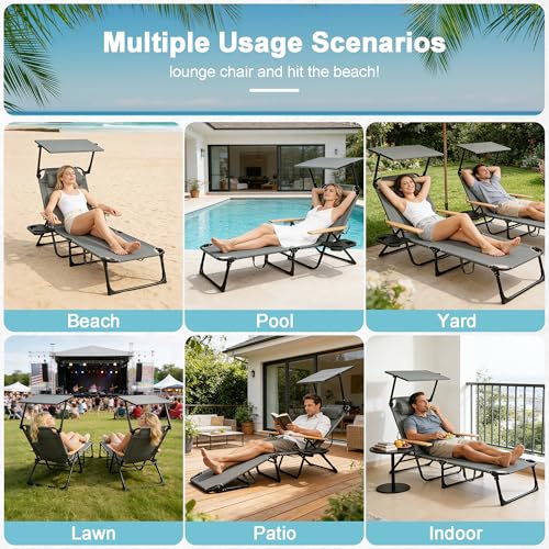 Outdoor Chaise Lounge Chair with 4-Position Adjustable Backrest,Patio Folding Sun Tanning Chair,Pillow & Cup Holder,Portable Recliner Sunbathing Lounger Chairs for Beach Garden (Grey with Shade) - color: Grey With Shade