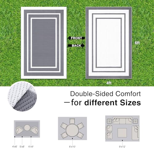 OLANLY Outdoor Rug 4x6 ft Waterproof, Reversible Outdoor Plastic Straw Rug, RV Mat, Indoor Outdoor Carpet Clearance for Patio, Camping, Balcony, Deck, Backyard, Grey & White - color: Grey & White, size: 4' X 6' (Rectangular)
