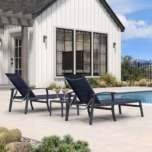PURPLE LEAF Chaise Lounge Chair Outdoor 2 Pieces Pool Lounge Chairs 5 Adjustable Position with Armrests and Side Table Aluminum Patio Lounge Chair for Outside Backyard Beach Pool, Deep Blue - color: Deep Blue, size: Standard