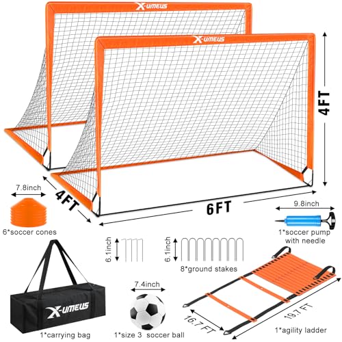 Kids Soccer Goals for Backyard Set of 2, 4 x 3 ft/6 x 4 Toddler Soccer Goal Training Equipment with Soccer Ball, Cones, Pop Up Soccer Net for Kids Age 3-5 4-6 6-8 8-12 10-12 Outdoor Games Sports Gifts - color: Orange, style: 6' x 4'