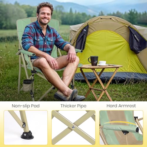 XGEAR Camping Chair with Padded Hard Armrest, Sturdy Folding Camp Chair with Cup Holder, Storage Pockets Carry Bag Included, Support to 400 lbs - color: 1-green