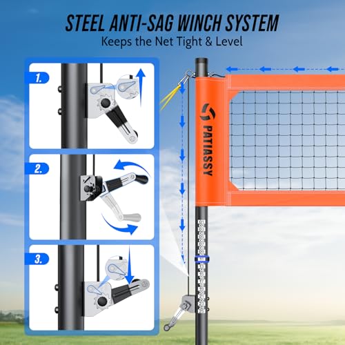 Professional Heavy Duty Volleyball Net Set for Backyard & Beach, Outdoor Net System with Steel Anti-Sag Winch, 32FT Reinforced Net, Height Adjustable Rust-Resistant Aluminum Poles, Portable Carry Bag - color: E-Orange