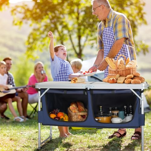 Outvita Portable Camping Table with Storage, Outdoor Aluminum Folding Camping Table with 3 Adjustable Height, Foldable Camp Tables for Backyards BBQ Party Picnic Beach Indoor, White - color: Silver, size: 47*18*28