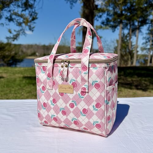 Kwang Min Floral Insulated Lunch Bag for Women,Reusable Lunch Box,Large Cooler for Office,Picnic Outdoors,Premium Quality Waterproof Fabric,Ideal Gift for Outdoors and work (Pink Gingham Check) - color: Pink Gingham Check