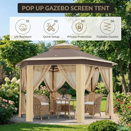 Takywep 13x13 ft Outdoor Gazebo Pop Up Canopy Tent, Heavy Duty Metal Frame, Double UV Protection, Privacy Screen Curtain, 3-Height Adjustable, Wheeled Bag & Ground Stakes for Backyard Patio Beige - color: Khaki Beige