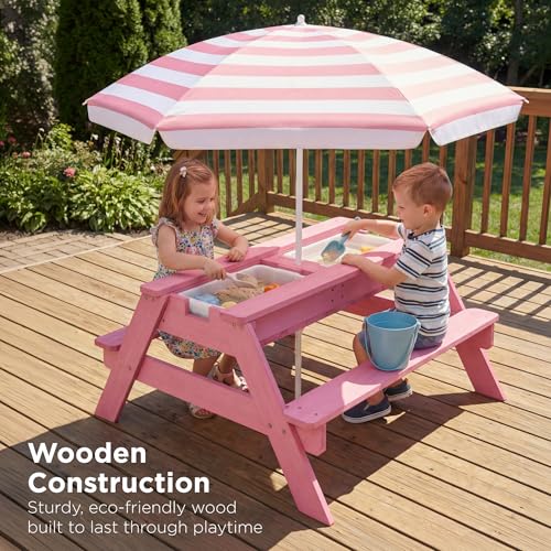 Best Choice Products Kids Picnic Table with Umbrella, 3-in-1 Sand & Water Table, Outdoor Convertible Picnic Table for Toddlers, Seats 4, Removable Top, 2 Buckets - Pink - color: Pink