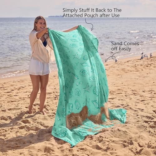 WEKAPO Beach Blanket Waterproof Sandproof Oversized, Extra Large Beach Mat Sand Free, Lightweight & Compact Sand Free Mat with 5 Stakes & 4 Corner Pockets - color: Turquoise Shells, size: 9 x 8 FT (1～6 person)