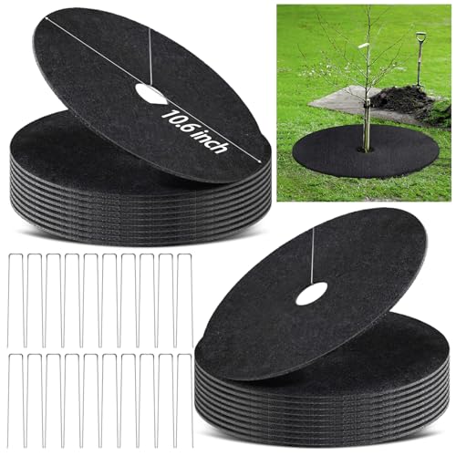 20 Pack Non-Woven Tree Mulch Ring 11 Inch Degradabl Tree Protection Mat Weed Barrier Round Mats with 20 Staples Stakes for Weed Growth RootProtection Resistant and Reusable - color: Black 11IN