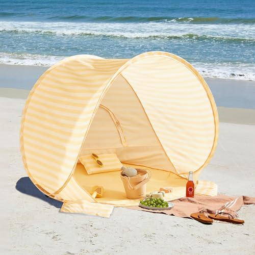 Tiny Land Baby Beach Tent – Pop Up Baby Tent with UV Protection, Portable Baby Beach Essentials, 35.4"x27.6"x31.5" Sun Shelter for Infants, Baby Summer Outdoor Use (Pastel Yellow Stripes) - color: Pastel Yellow Stripes