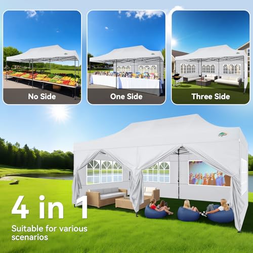 COBIZI 10x20 Heavy Duty Pop Up Canopy Tent with 6 Sidewalls Thicken Frame, Commercial Easy Up Outdoor Wedding Party Tents, All Season Waterproof Windproof with Stakes Sandbags Ropes Roller Bag, White - color: White, size: 10x20