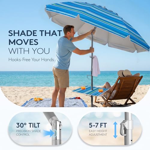 PASAMIC 7ft Beach Umbrella for Sand Featuring a 23'' Built-in Table with Sand Anchor & Tilt, UPF 50+ Protection Beach Umbrellas for Heavy Duty Wind Portable with Carry Bag and Hook, Light Blue Stripes - color: Light Blue Stripes, size: 7FT with Table
