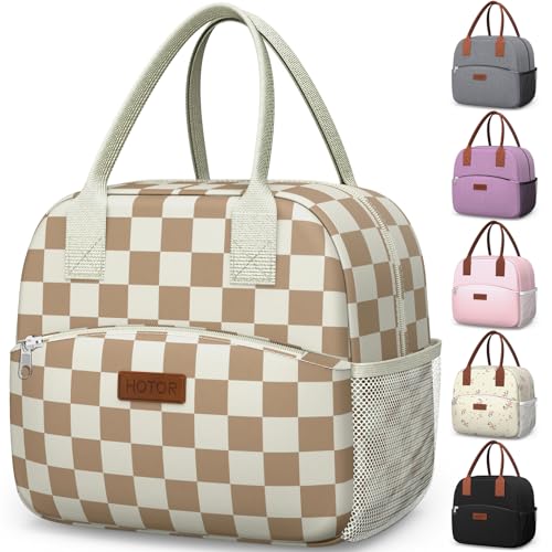 HOTOR Lunch Bag for Women & Men - Wear-Resistant Insulated Lunch Box with Large Capacity, Multi-Functional Cooler Bag for Office, Picnic, Checkered Brown, 10L,10.60" x 5.90" x 9.50" - color: Checkered Brown, size: 10L