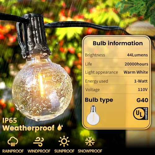 Outdoor String Lights 20FT - LED Waterproof Patio Lights G40 Globe Bulbs Shatterproof, Connectable Hanging Outdoor Lights for Outside Indoor Garden Backyard Deck Porch Party Decor - color: G40-Globe Bulb, size: 20FT Plug-in Version