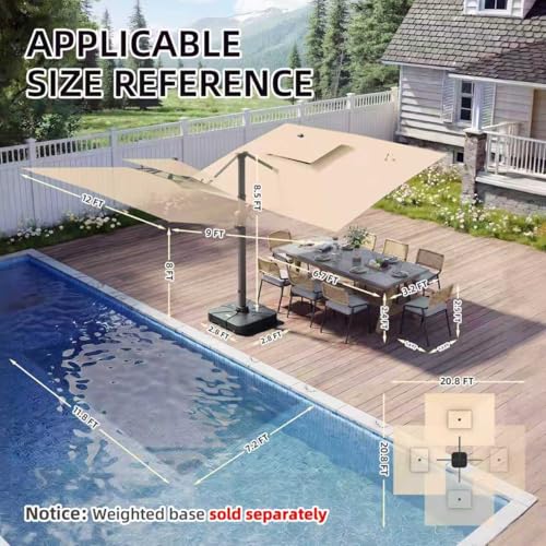 9 X 12 FT Cantilever Outdoor Patio Umbrella with Led Lights Heavy Duty Windproof Double Top Large Rectangle Offset Umbrellas with 360-degree Rotation for Garden Pool Deck Backyard, Beige - color: Beige, size: 9' X 12'- Only Umbrella(LED)
