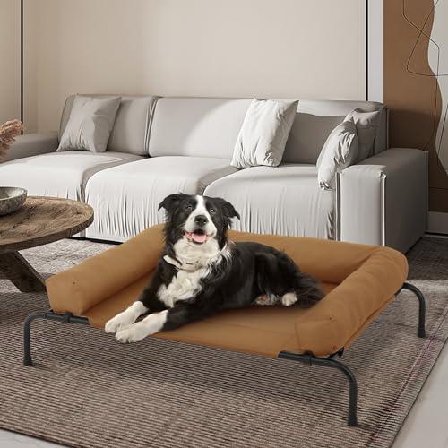 MoNiBloom Outdoor Elevated Dog Bed w/Removable Bolster, Portable Raised Outdoor Dog Bed with Stable Anti-Slip Feet & Breathable Mesh, 42 Inches Length, Light Brown - color: Light Brown, size: 42"L