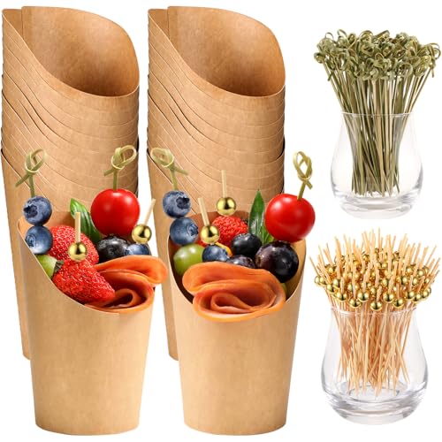 CockStixs 100 Pcs 12 oz Charcuterie Cups with Bamboo Skewers, Disposable Paper Appetizer Snack Holder Brown with Cocktail Picks (100 Cups + 200 Skewers) - size: 100 Pcs Set