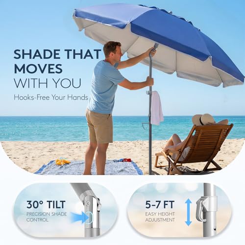 PASAMIC 7ft Beach Umbrella for Sand with Sand Anchor & Tilt, UPF 50+ Protection Beach Umbrellas for Heavy Duty Wind Portable with Carry Bag and Hook, for Patio Garden Pool, Dark Blue - color: Dark Blue, size: 7FT