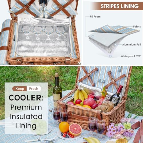 Picnic Basket Set for 4 Persons - Picnic Baskets with Large Insulated Cooler Compartment, Adjustable Shoulder Strap, Willow Hamper and Waterproof Blanket Set with Cutlery Service Kit - color: Light Tan for 4 Persons With Strap