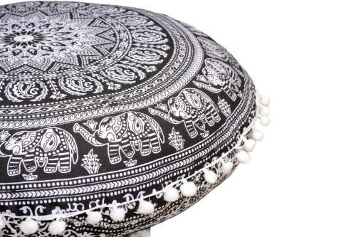 CRAFT KALA 22" Round Mandala Boho Pillow Cover Meditation Room Seating Poufs Cover for Living Room Yoga Room Home Bedroom Balcony Garden Party Decoration Cotton Floor Cushion Cover 22", B & W Elephant - color: Black and White Elephant, size: 22"
