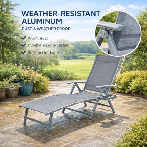 Kozyard Aluminum Outdoor Chaise Lounge Chair, Adjustable Reclining Patio Lounge with Drink Holder, Weather-Resistant Pool, Deck & Yard Recliner,Assemble-Free, Gray (Gray) - color: Gray/Style2