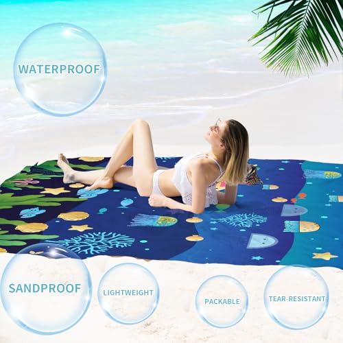 Beach Blanket 78''×110'' Suits 1-7 Adults Waterproof Sandproof Oversized Lightweight Blanket Packable Large Picnic Mat for Beach Travel Camping Picnic Hiking - color: Undersea, size: 78''x110''