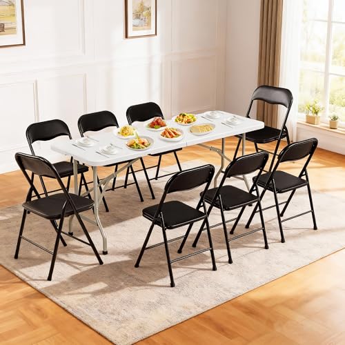 Elevon Folding Table Set with 8 Black Folding Chairs,6 Feet Heavy Duty Fold-in-Half Utility Table Sets for Picnic, Event, Training, Outdoor Activities, at Home and Commercial Use - size: 6 feet, style: With 8 Black Chair