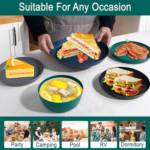 EI 12pcs Wheat Straw Plates,Plastic Plates Reusable,Unbreakable Plastic Plate,Wheat Straw Dinnerware Set,Melamine Plate-Black,Dark Grey,Dark Green,Dark Blue,Dinner, Camping,Picnic - color: Black,Drak Grey,Dark Green and Dark Blue Wheat Straw Plates and Bo