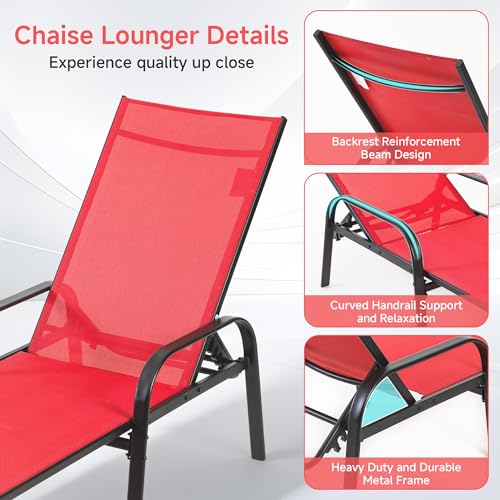 DUMOS Outdoor Lounge Chaise, 5-Position Chaise Lounge with Armrests, Sun Tanning Chair 350 lbs Heavy Duty Patio Pool Chair, Waterproof Sun Lounger for Deck, Backyard, Beach & Poolside, Red - color: Bright Red
