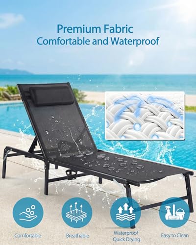 4 Pack Foldable Chaise Lounge Chair with Cup Holder, Assemble-Free Outdoor Lounge Chair with Detachable Pillow and 6 Adjustable Backrest, Patio Lounge Chair for Outside Poolside Beach Pool, Black - color: Black, size: 4-Pack